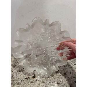 Frosted Glass Christmas Holiday Serving Dish Plate Winter Scene Girl Decor